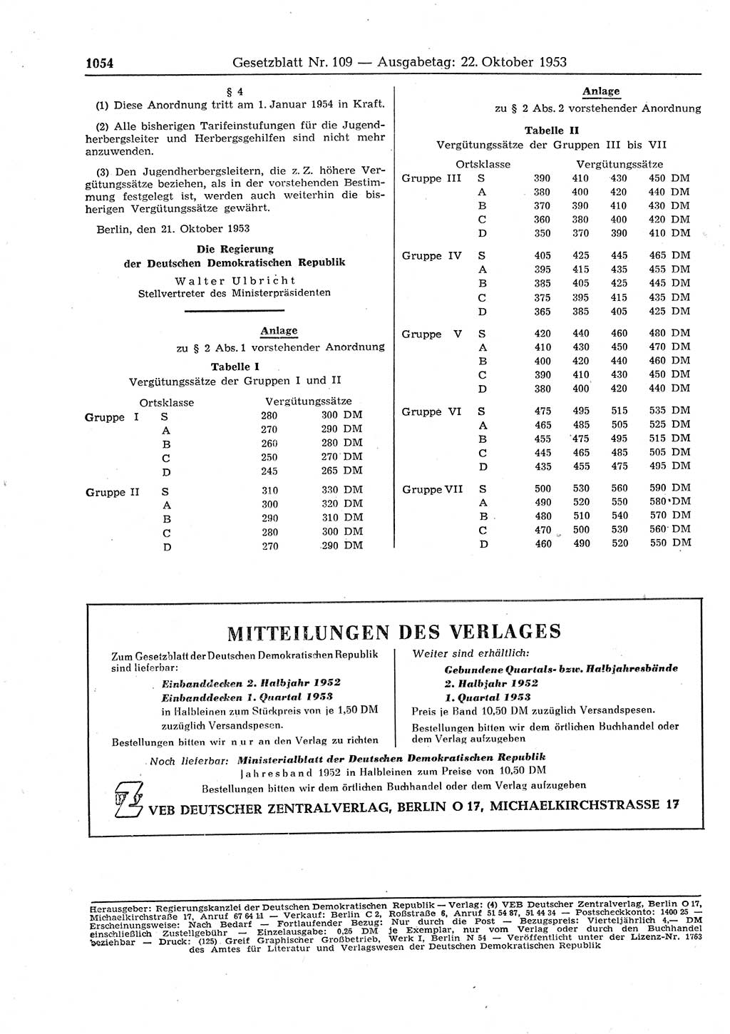 Gesetzblatt (GBl.) der Deutschen Demokratischen Republik (DDR) 1953, Seite 1054 (GBl. DDR 1953, S. 1054)