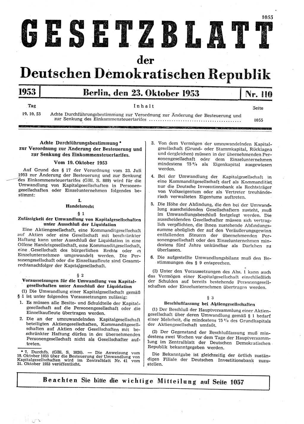 Gesetzblatt (GBl.) der Deutschen Demokratischen Republik (DDR) 1953, Seite 1055 (GBl. DDR 1953, S. 1055)