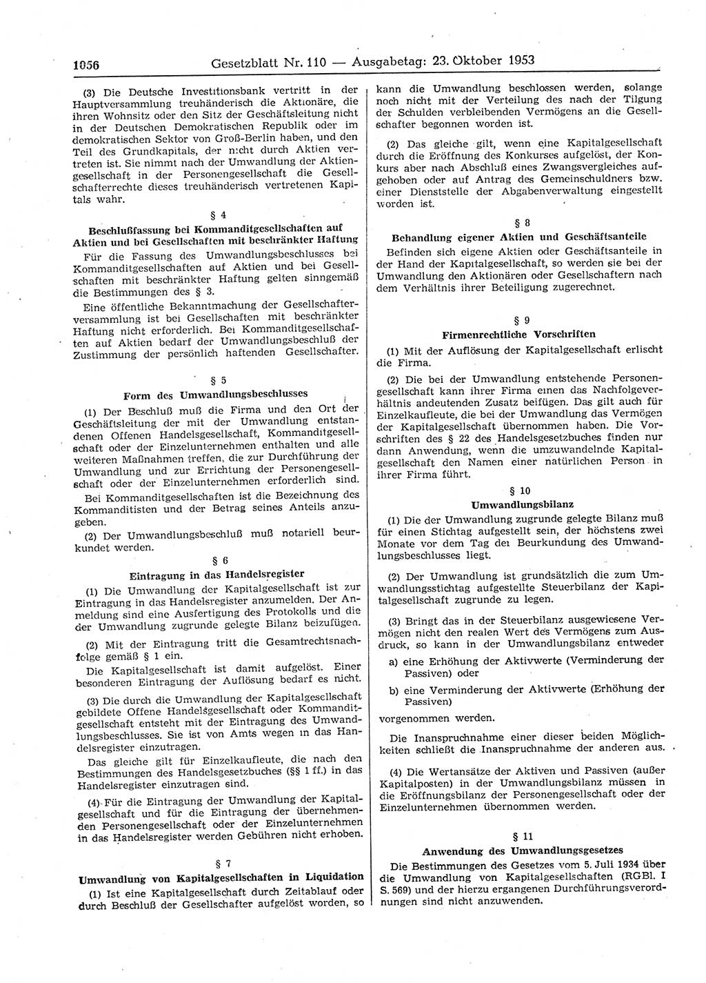 Gesetzblatt (GBl.) der Deutschen Demokratischen Republik (DDR) 1953, Seite 1056 (GBl. DDR 1953, S. 1056)