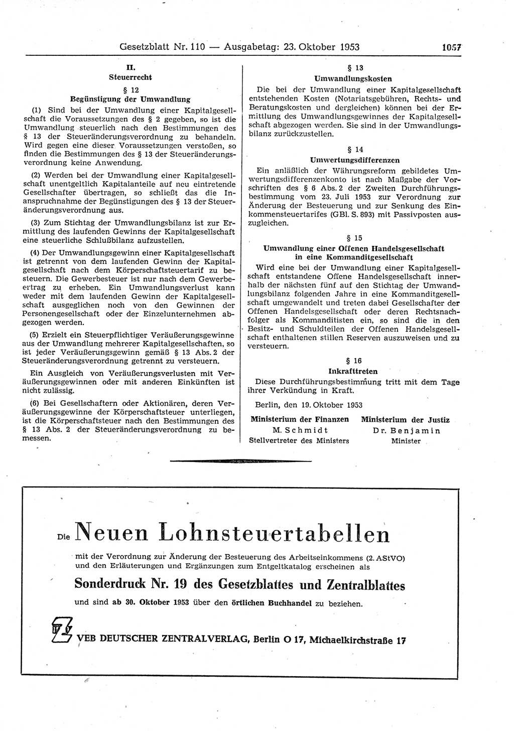 Gesetzblatt (GBl.) der Deutschen Demokratischen Republik (DDR) 1953, Seite 1057 (GBl. DDR 1953, S. 1057)