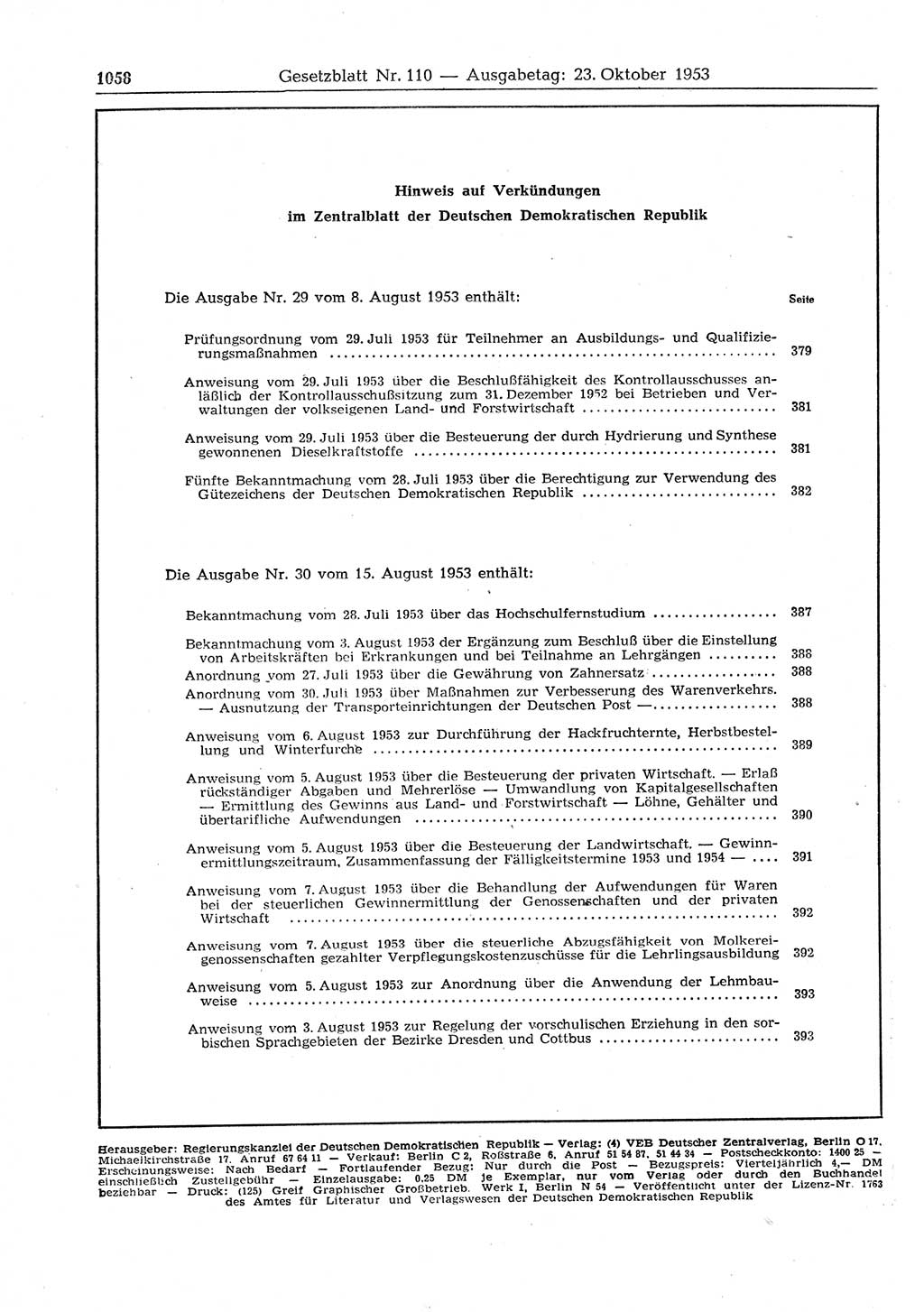 Gesetzblatt (GBl.) der Deutschen Demokratischen Republik (DDR) 1953, Seite 1058 (GBl. DDR 1953, S. 1058)