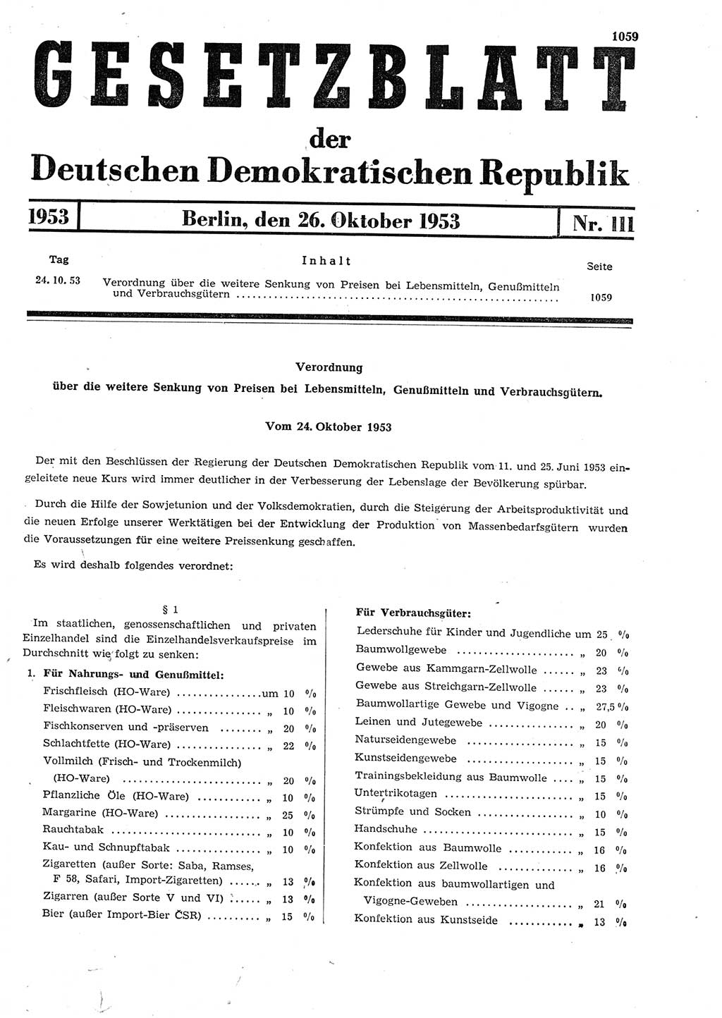 Gesetzblatt (GBl.) der Deutschen Demokratischen Republik (DDR) 1953, Seite 1059 (GBl. DDR 1953, S. 1059)