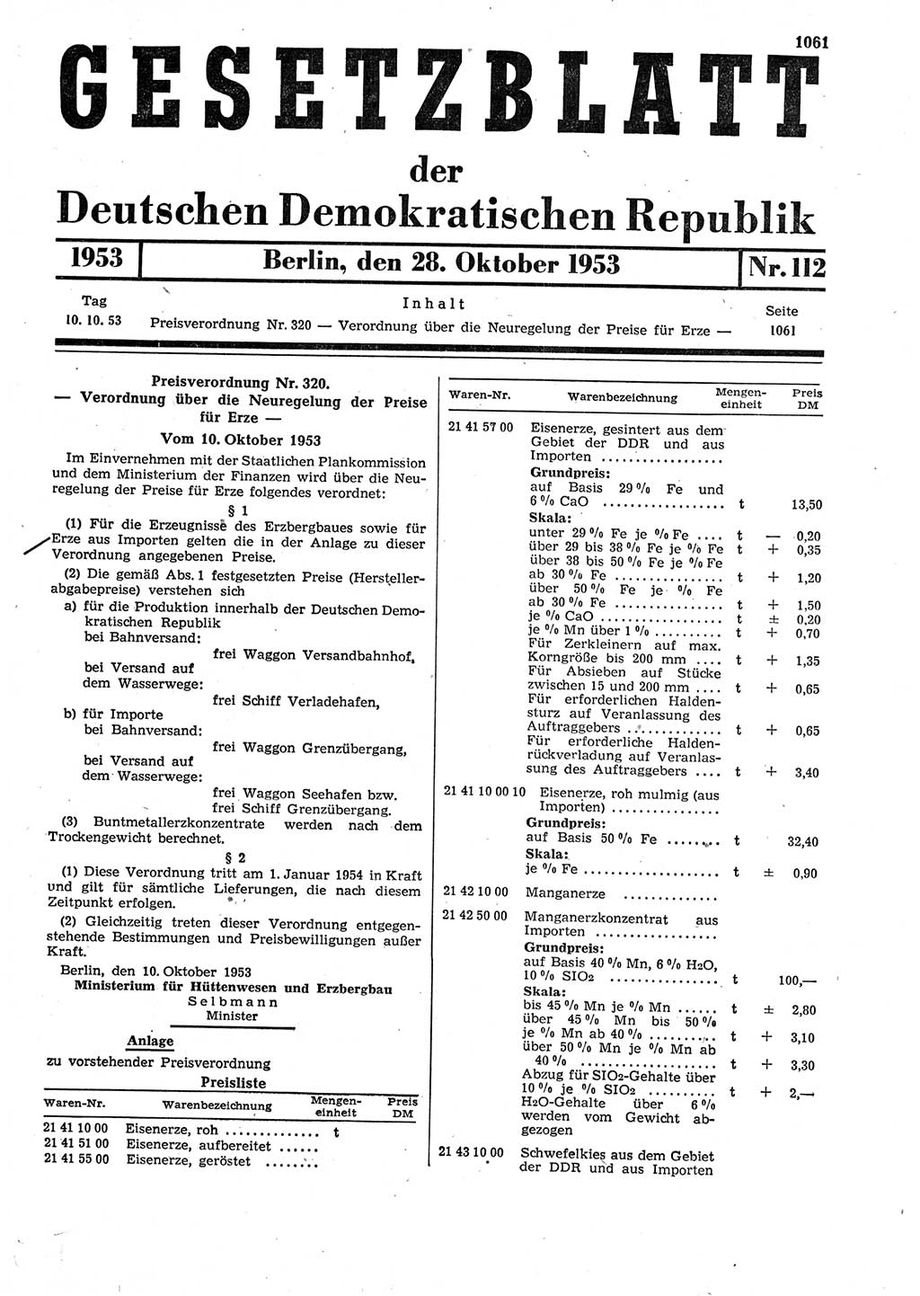 Gesetzblatt (GBl.) der Deutschen Demokratischen Republik (DDR) 1953, Seite 1061 (GBl. DDR 1953, S. 1061)