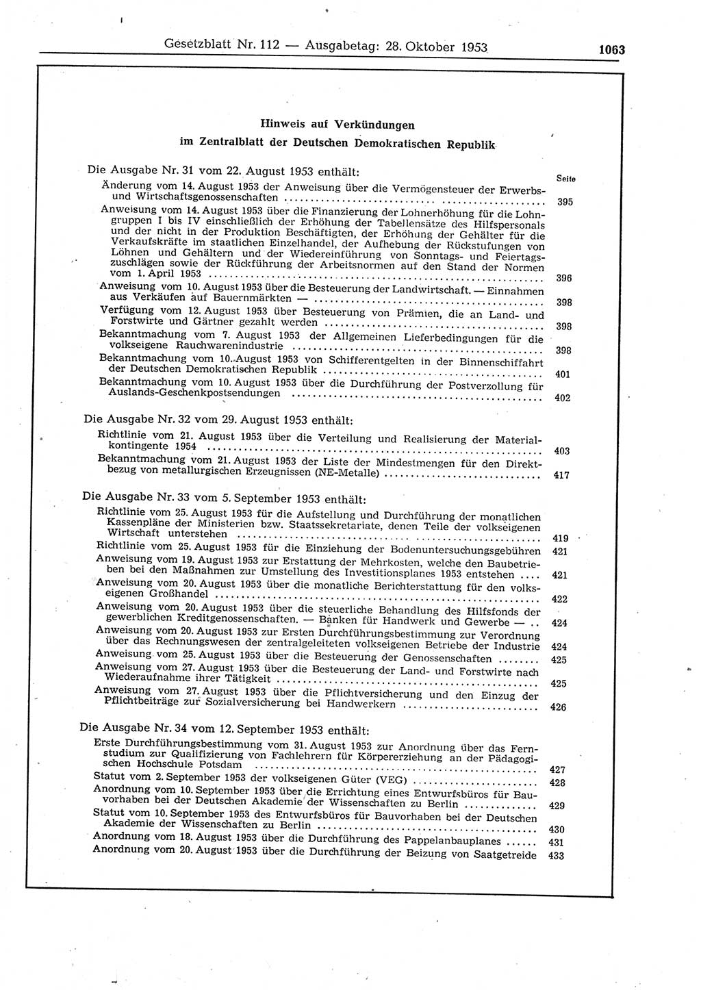 Gesetzblatt (GBl.) der Deutschen Demokratischen Republik (DDR) 1953, Seite 1063 (GBl. DDR 1953, S. 1063)