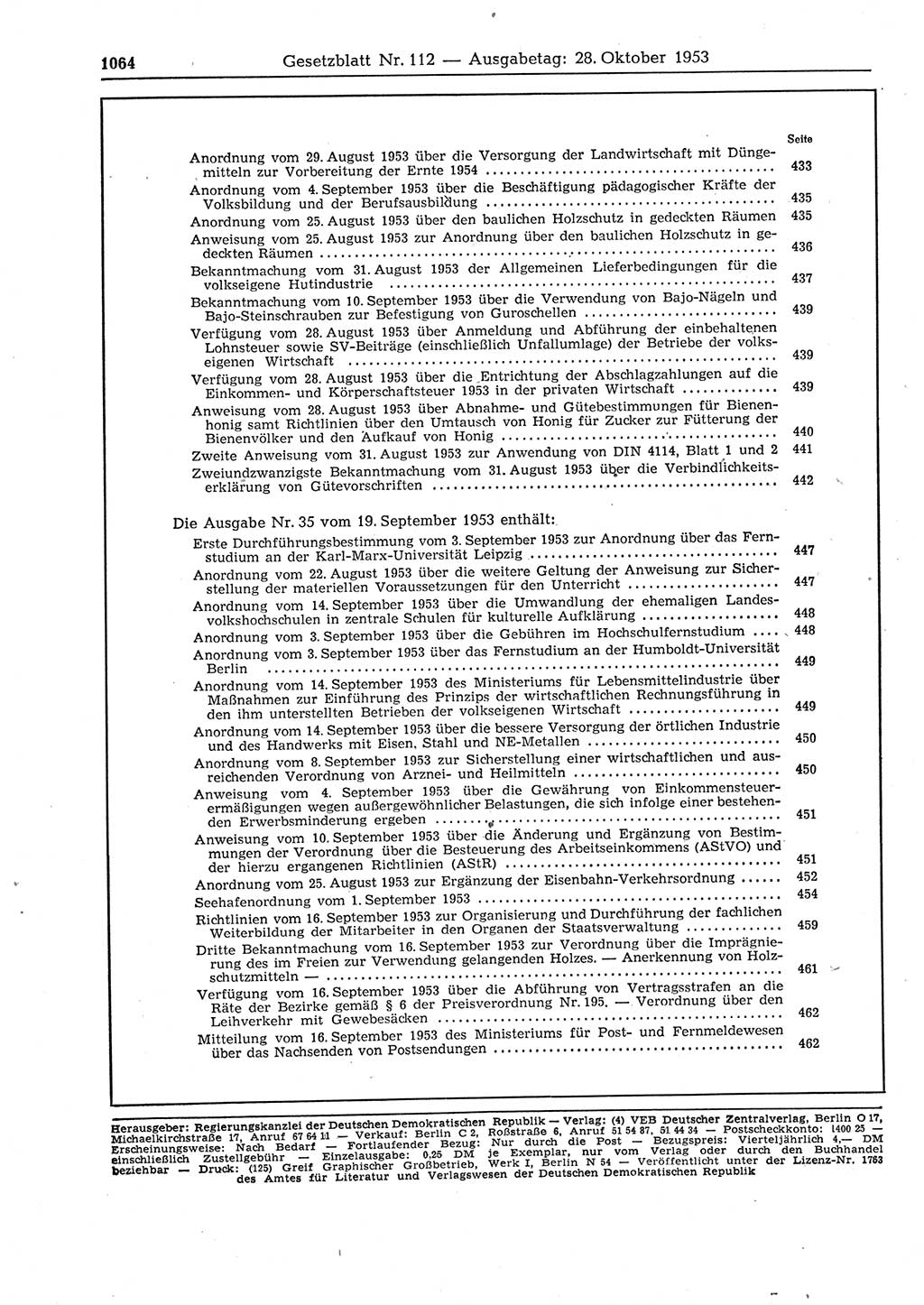 Gesetzblatt (GBl.) der Deutschen Demokratischen Republik (DDR) 1953, Seite 1064 (GBl. DDR 1953, S. 1064)