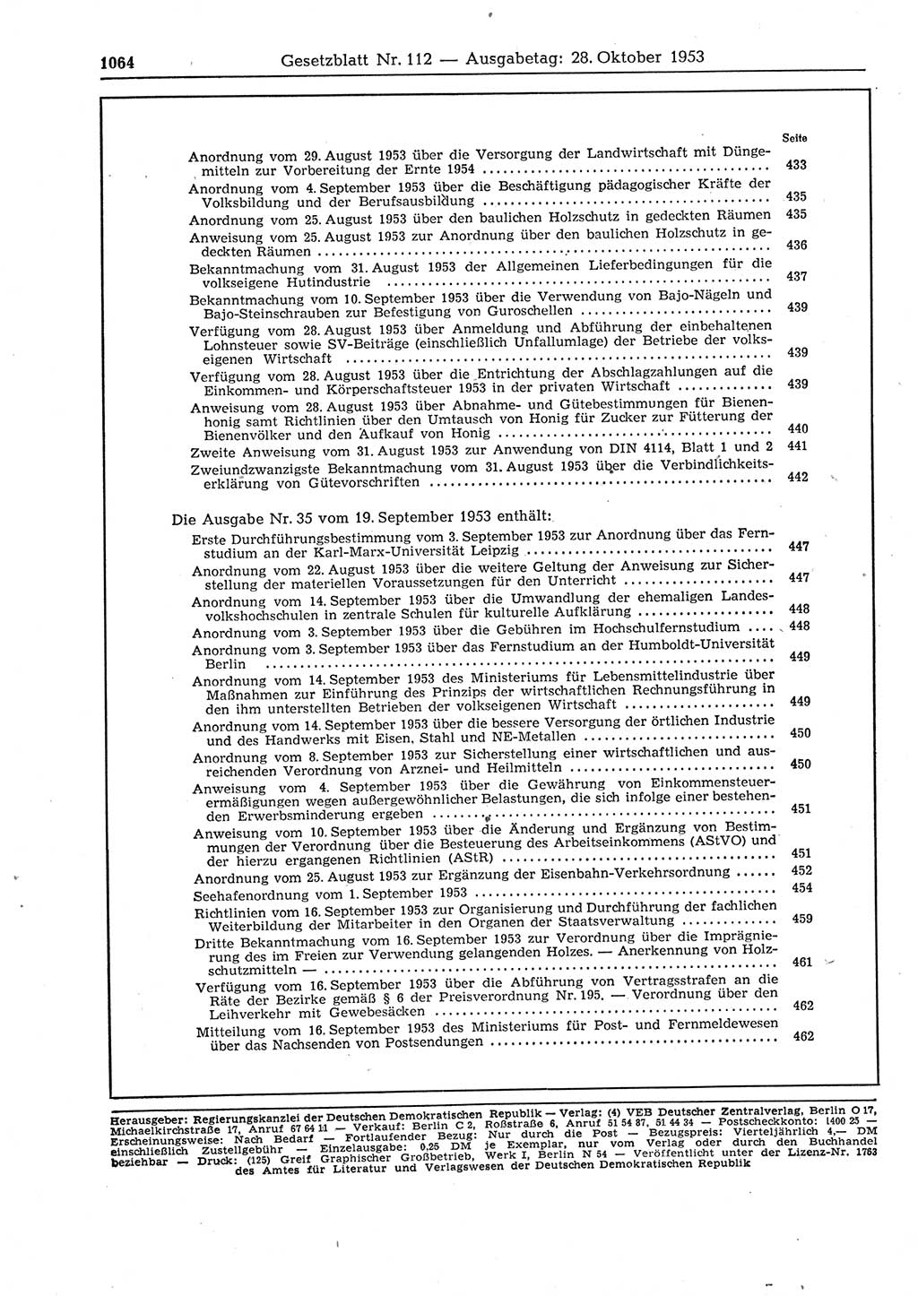 Gesetzblatt (GBl.) der Deutschen Demokratischen Republik (DDR) 1953, Seite 1064 (GBl. DDR 1953, S. 1064)