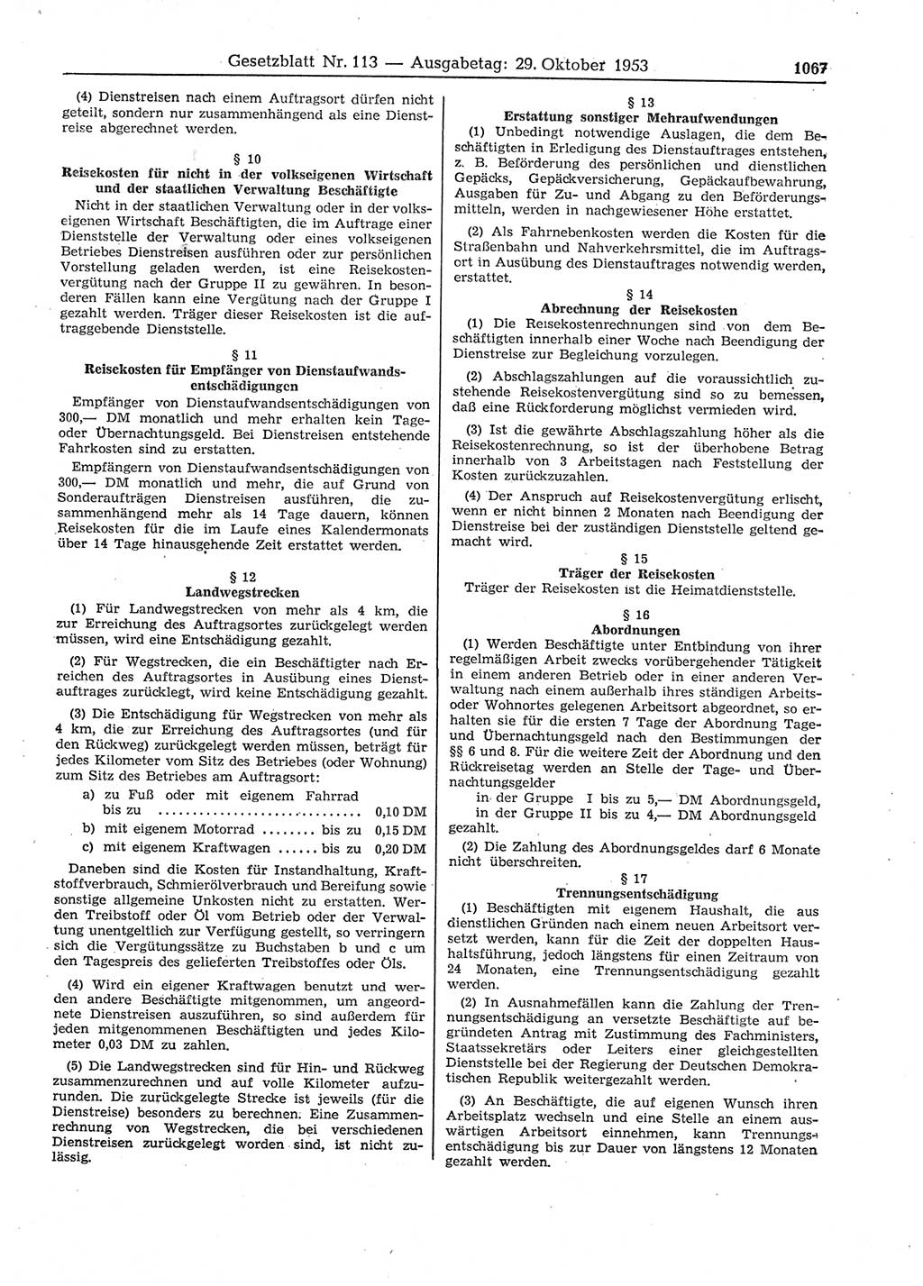 Gesetzblatt (GBl.) der Deutschen Demokratischen Republik (DDR) 1953, Seite 1067 (GBl. DDR 1953, S. 1067)