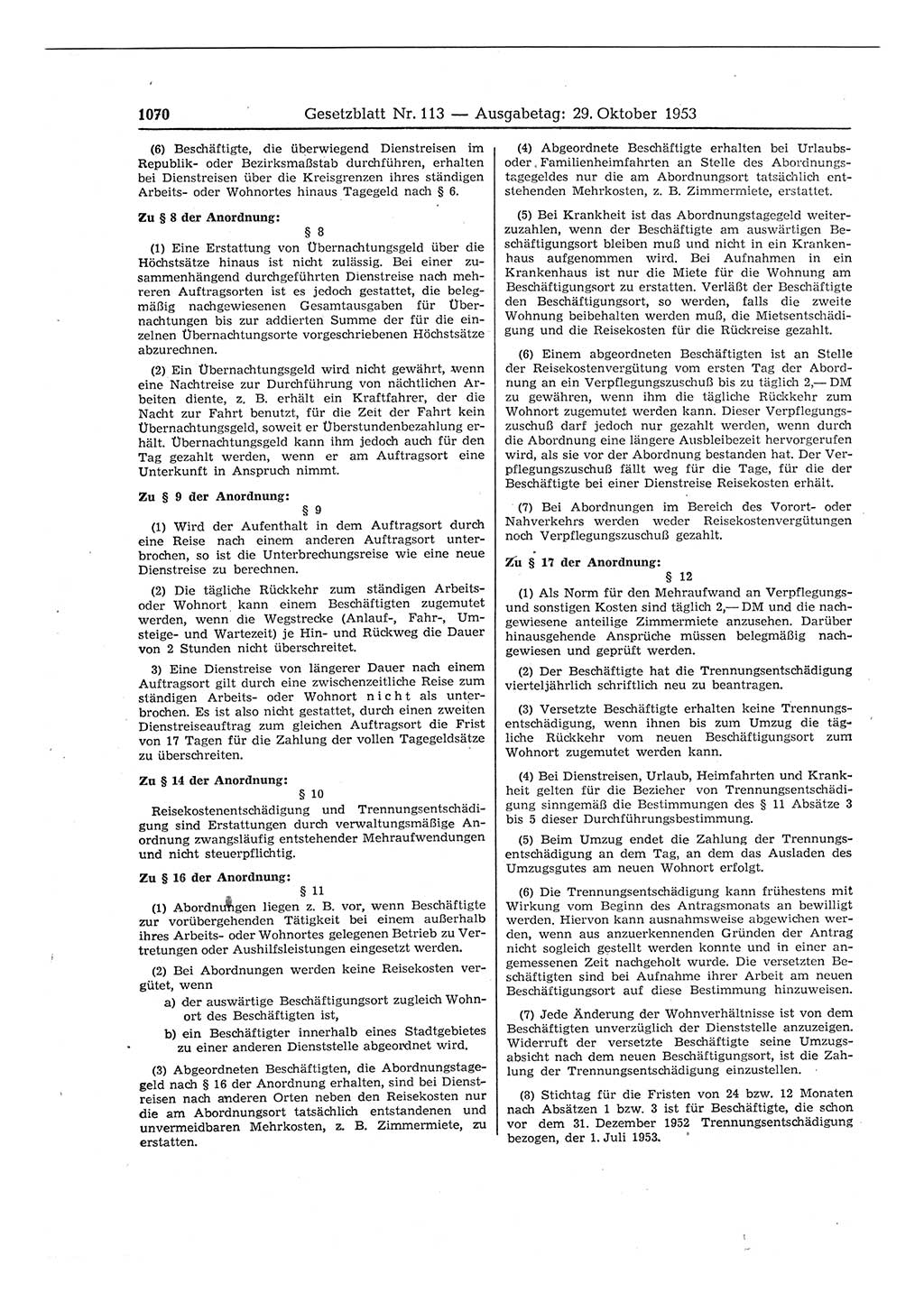 Gesetzblatt (GBl.) der Deutschen Demokratischen Republik (DDR) 1953, Seite 1070 (GBl. DDR 1953, S. 1070)
