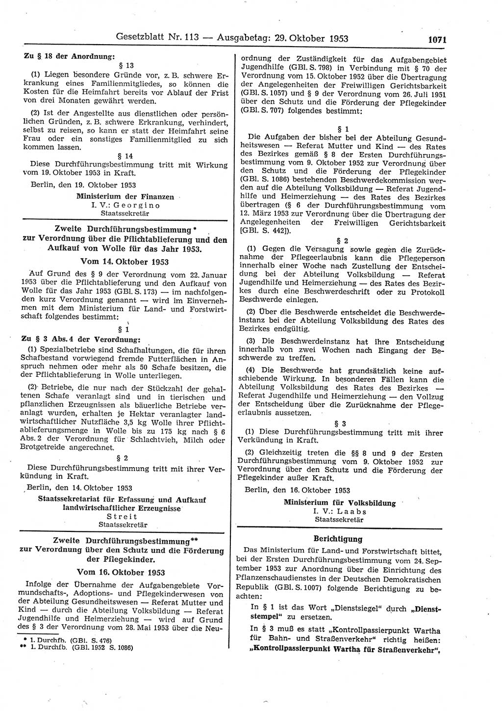 Gesetzblatt (GBl.) der Deutschen Demokratischen Republik (DDR) 1953, Seite 1071 (GBl. DDR 1953, S. 1071)