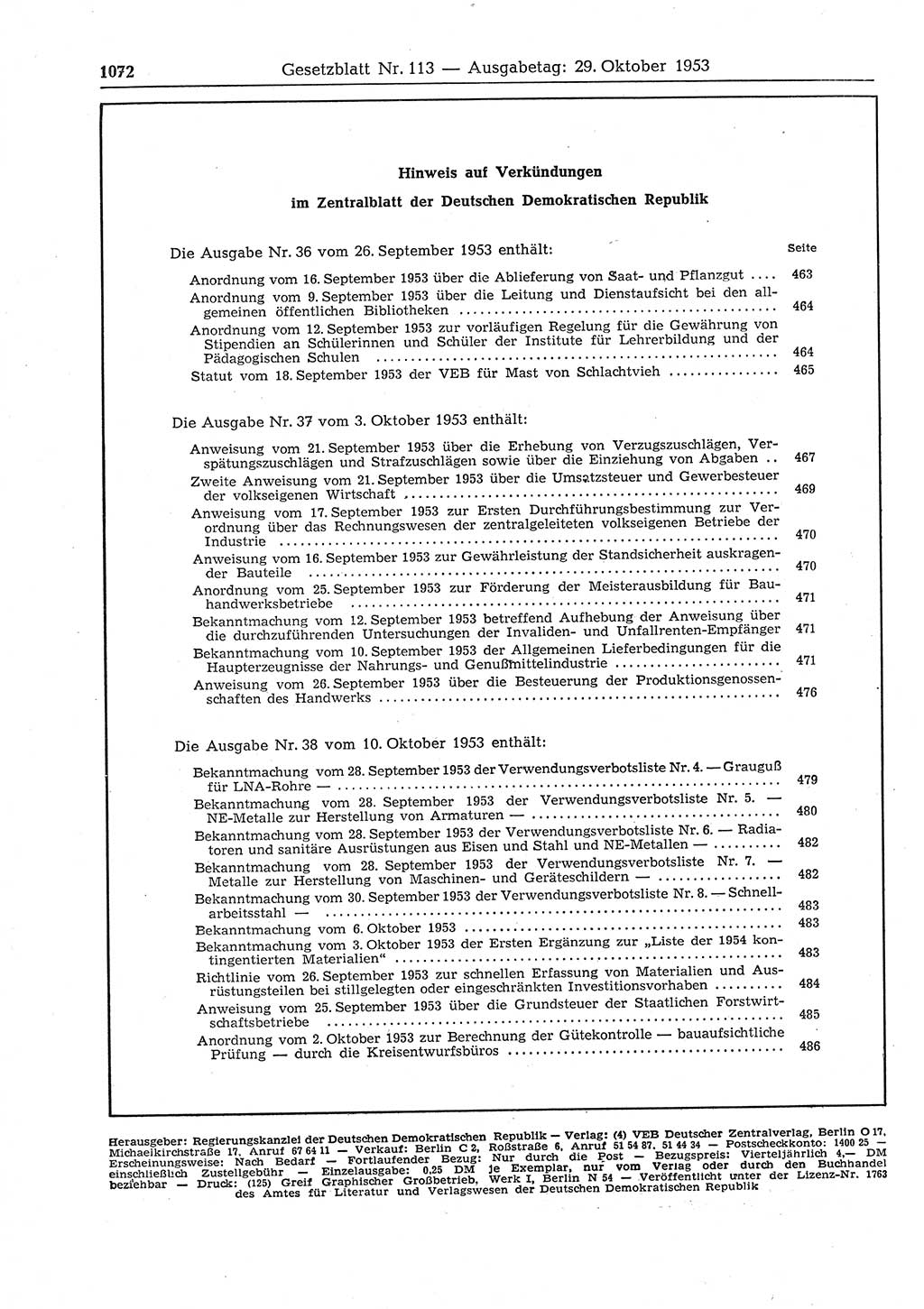 Gesetzblatt (GBl.) der Deutschen Demokratischen Republik (DDR) 1953, Seite 1072 (GBl. DDR 1953, S. 1072)