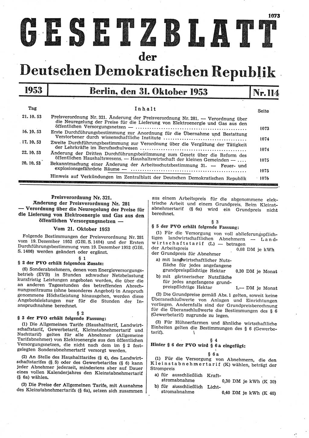 Gesetzblatt (GBl.) der Deutschen Demokratischen Republik (DDR) 1953, Seite 1073 (GBl. DDR 1953, S. 1073)