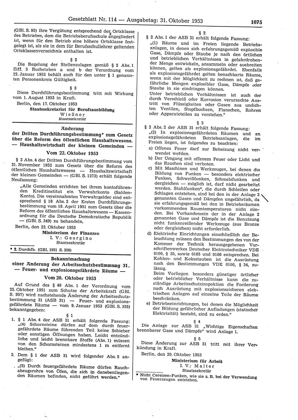 Gesetzblatt (GBl.) der Deutschen Demokratischen Republik (DDR) 1953, Seite 1075 (GBl. DDR 1953, S. 1075)