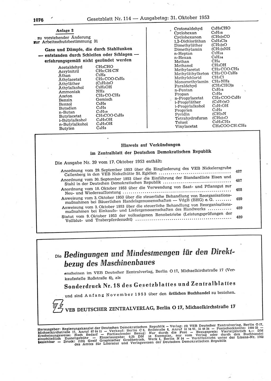Gesetzblatt (GBl.) der Deutschen Demokratischen Republik (DDR) 1953, Seite 1076 (GBl. DDR 1953, S. 1076)