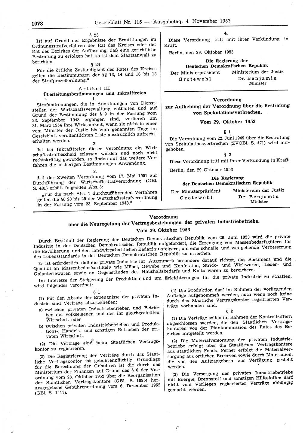 Gesetzblatt (GBl.) der Deutschen Demokratischen Republik (DDR) 1953, Seite 1078 (GBl. DDR 1953, S. 1078)