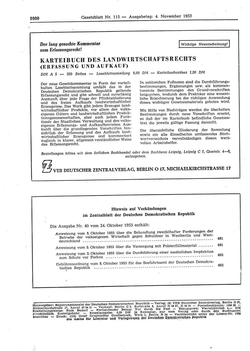 Gesetzblatt (GBl.) der Deutschen Demokratischen Republik (DDR) 1953, Seite 1080 (GBl. DDR 1953, S. 1080)