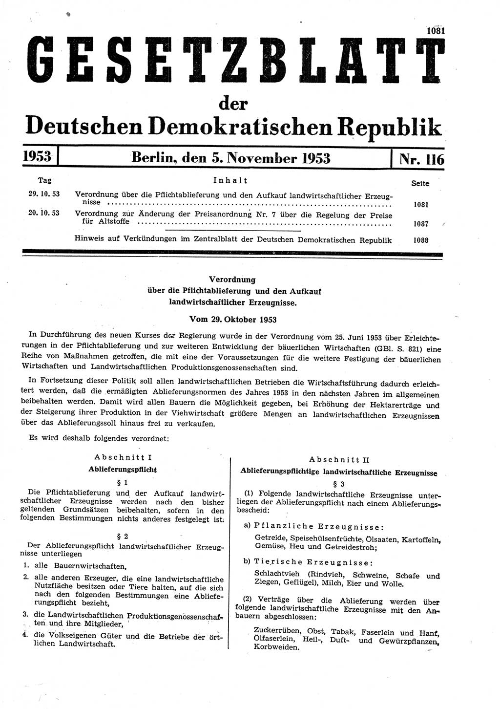 Gesetzblatt (GBl.) der Deutschen Demokratischen Republik (DDR) 1953, Seite 1081 (GBl. DDR 1953, S. 1081)