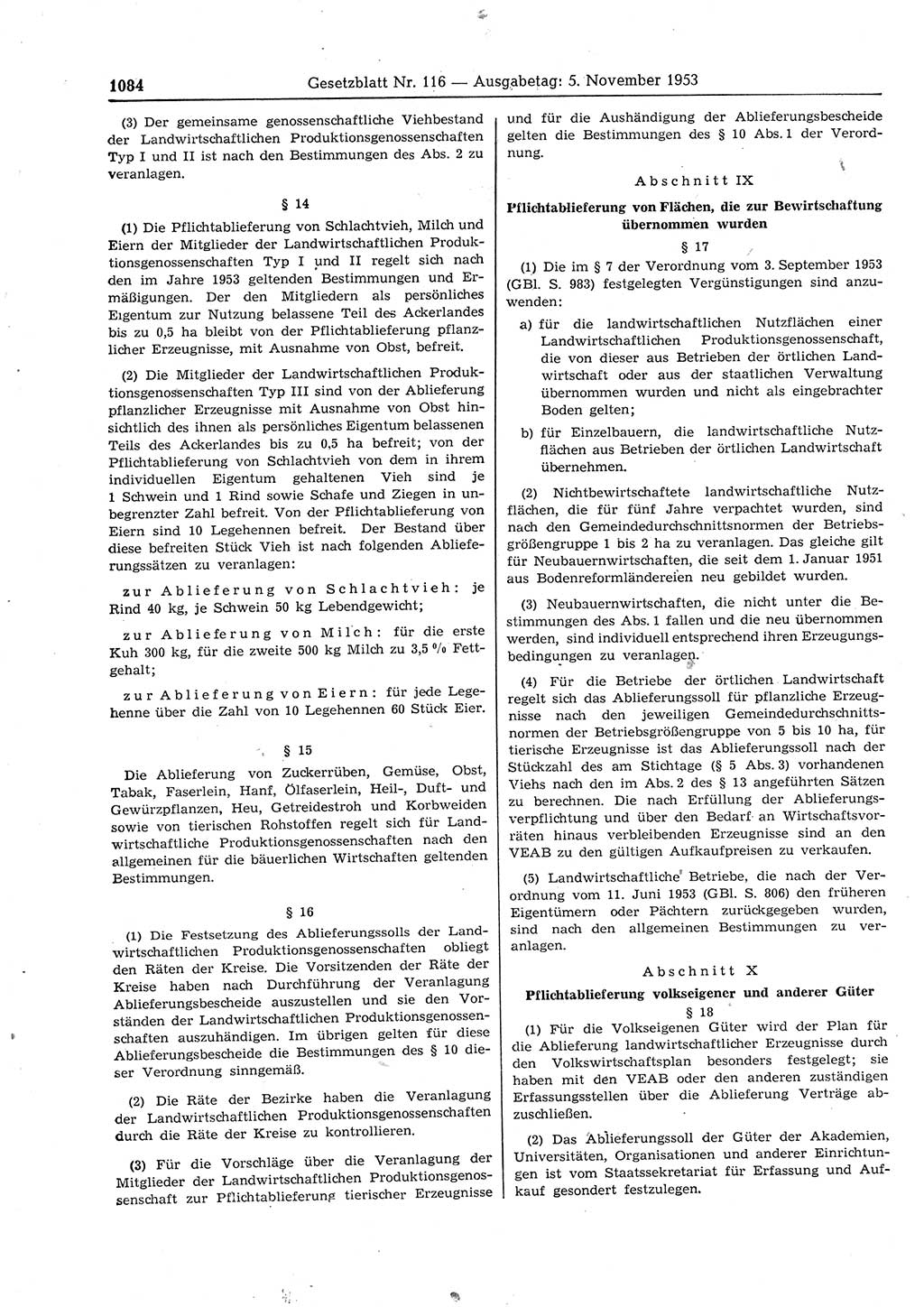 Gesetzblatt (GBl.) der Deutschen Demokratischen Republik (DDR) 1953, Seite 1084 (GBl. DDR 1953, S. 1084)