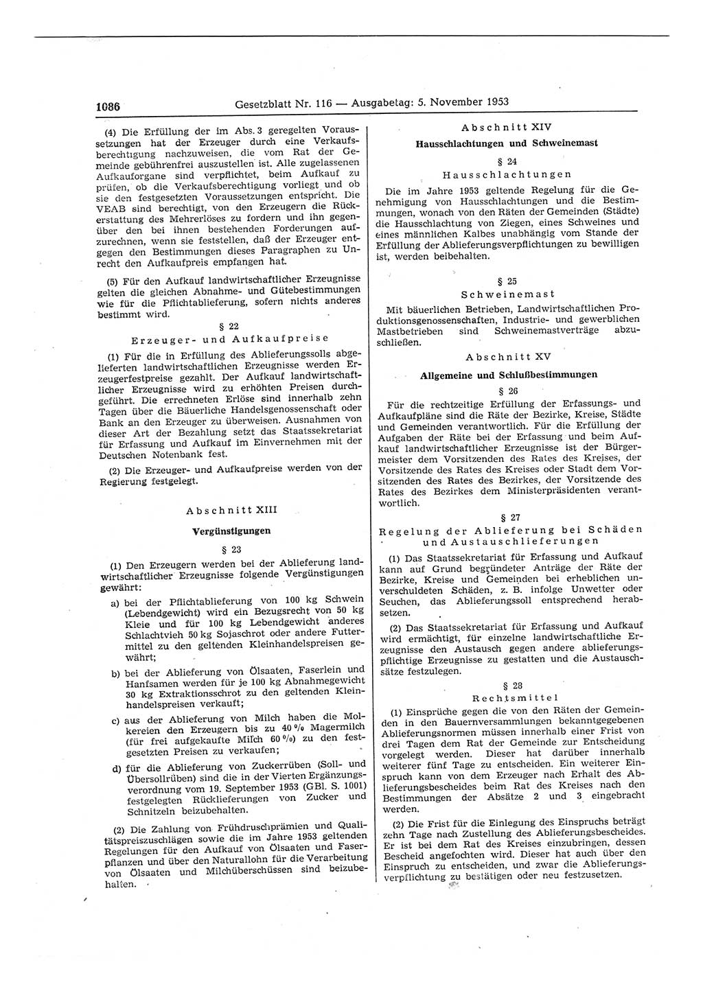 Gesetzblatt (GBl.) der Deutschen Demokratischen Republik (DDR) 1953, Seite 1086 (GBl. DDR 1953, S. 1086)