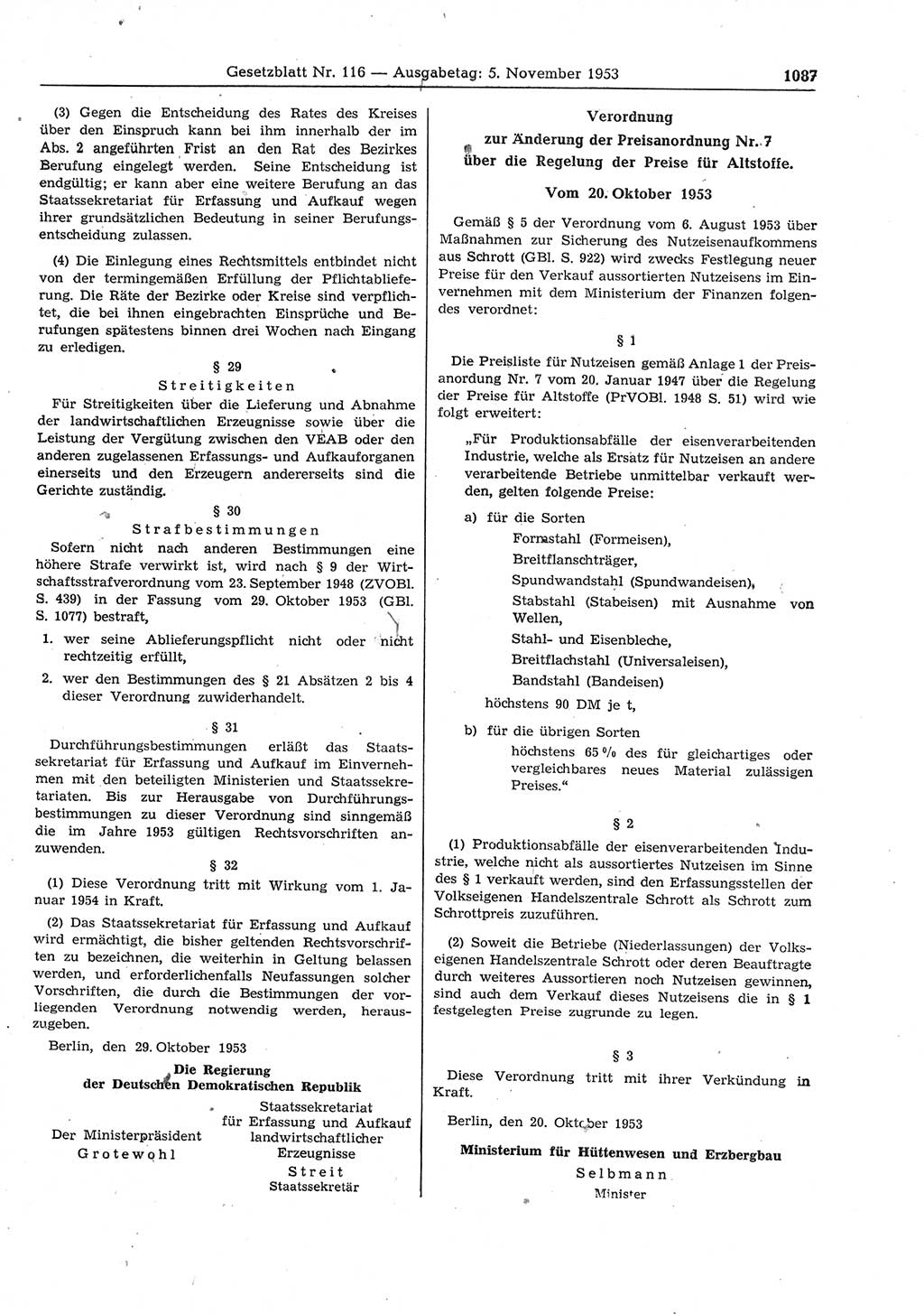 Gesetzblatt (GBl.) der Deutschen Demokratischen Republik (DDR) 1953, Seite 1087 (GBl. DDR 1953, S. 1087)