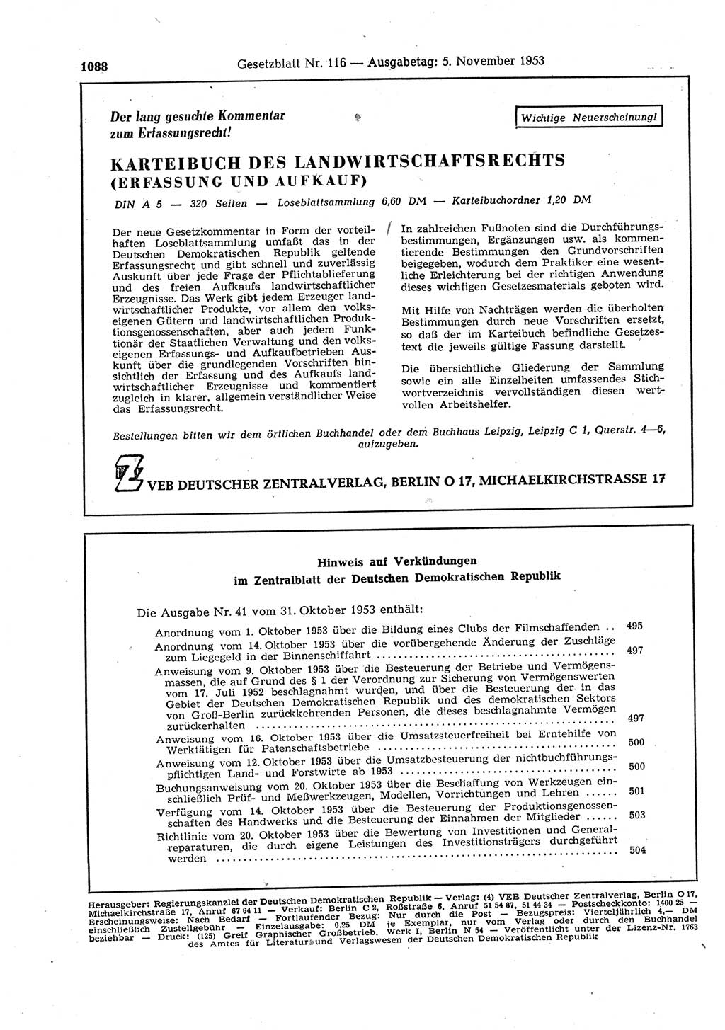 Gesetzblatt (GBl.) der Deutschen Demokratischen Republik (DDR) 1953, Seite 1088 (GBl. DDR 1953, S. 1088)