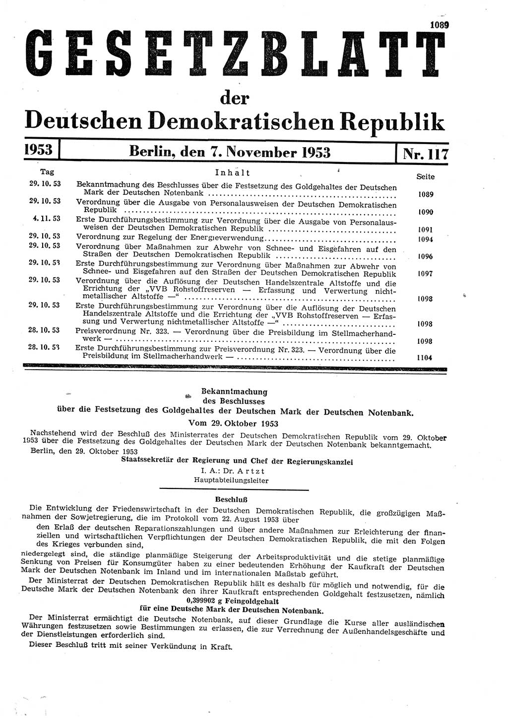 Gesetzblatt (GBl.) der Deutschen Demokratischen Republik (DDR) 1953, Seite 1089 (GBl. DDR 1953, S. 1089)