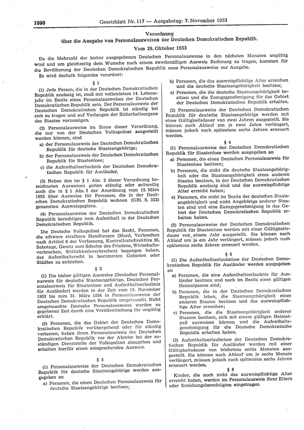 Gesetzblatt (GBl.) der Deutschen Demokratischen Republik (DDR) 1953, Seite 1090 (GBl. DDR 1953, S. 1090)