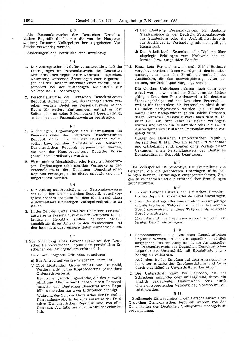 Gesetzblatt (GBl.) der Deutschen Demokratischen Republik (DDR) 1953, Seite 1092 (GBl. DDR 1953, S. 1092)