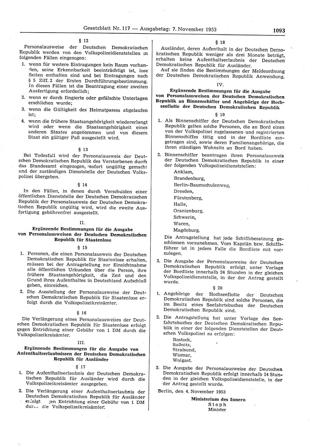 Gesetzblatt (GBl.) der Deutschen Demokratischen Republik (DDR) 1953, Seite 1093 (GBl. DDR 1953, S. 1093)
