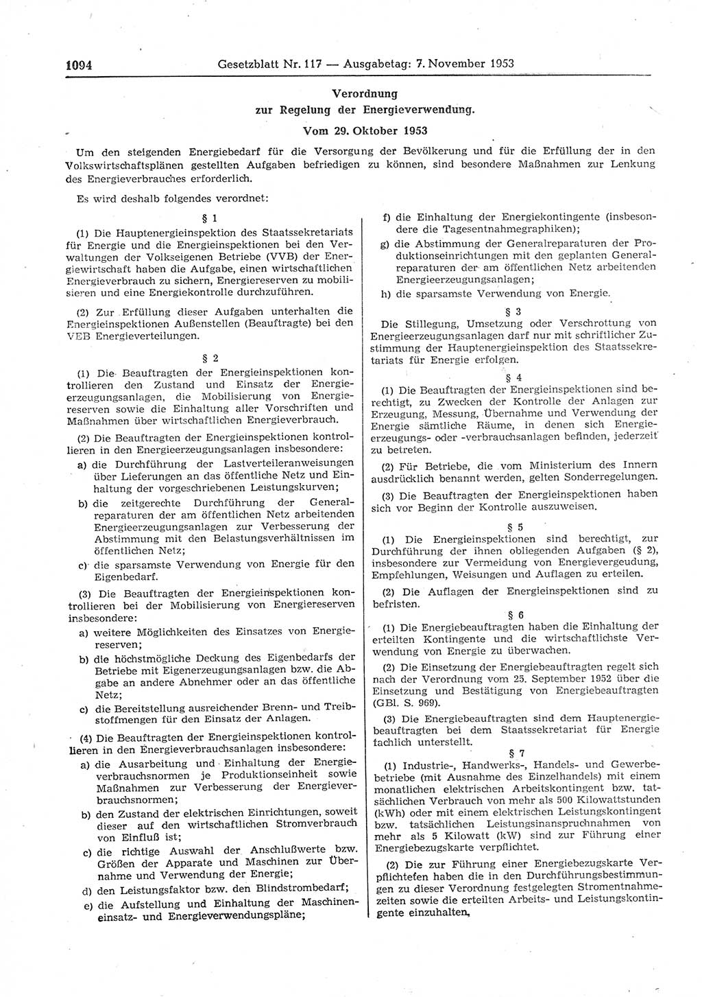 Gesetzblatt (GBl.) der Deutschen Demokratischen Republik (DDR) 1953, Seite 1094 (GBl. DDR 1953, S. 1094)