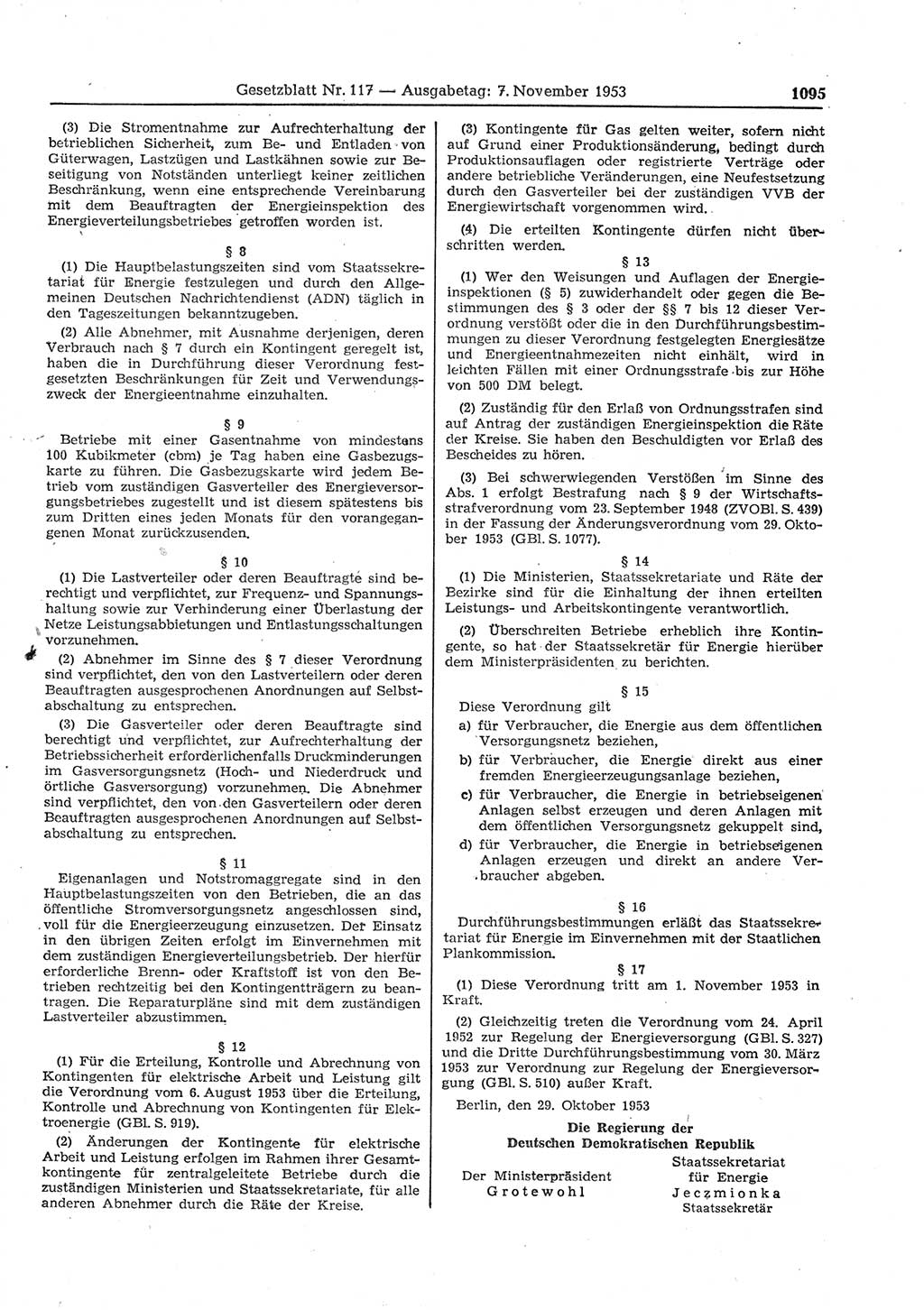 Gesetzblatt (GBl.) der Deutschen Demokratischen Republik (DDR) 1953, Seite 1095 (GBl. DDR 1953, S. 1095)