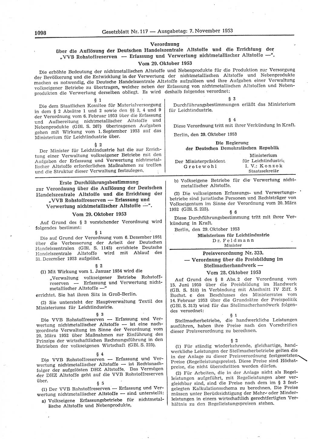 Gesetzblatt (GBl.) der Deutschen Demokratischen Republik (DDR) 1953, Seite 1098 (GBl. DDR 1953, S. 1098)