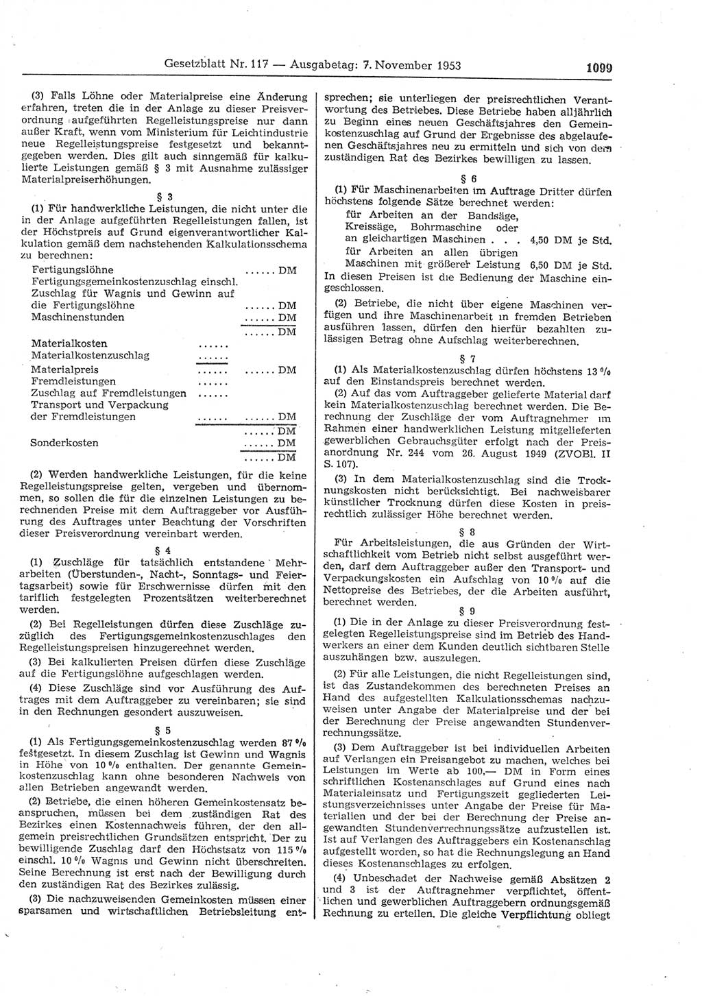Gesetzblatt (GBl.) der Deutschen Demokratischen Republik (DDR) 1953, Seite 1099 (GBl. DDR 1953, S. 1099)