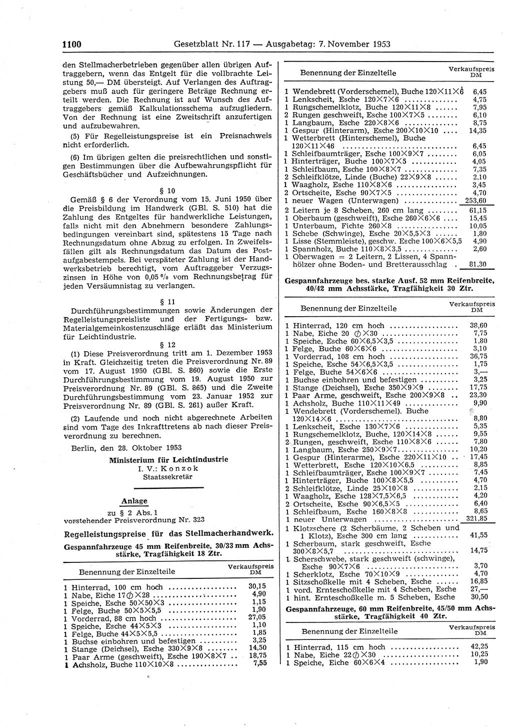 Gesetzblatt (GBl.) der Deutschen Demokratischen Republik (DDR) 1953, Seite 1100 (GBl. DDR 1953, S. 1100)