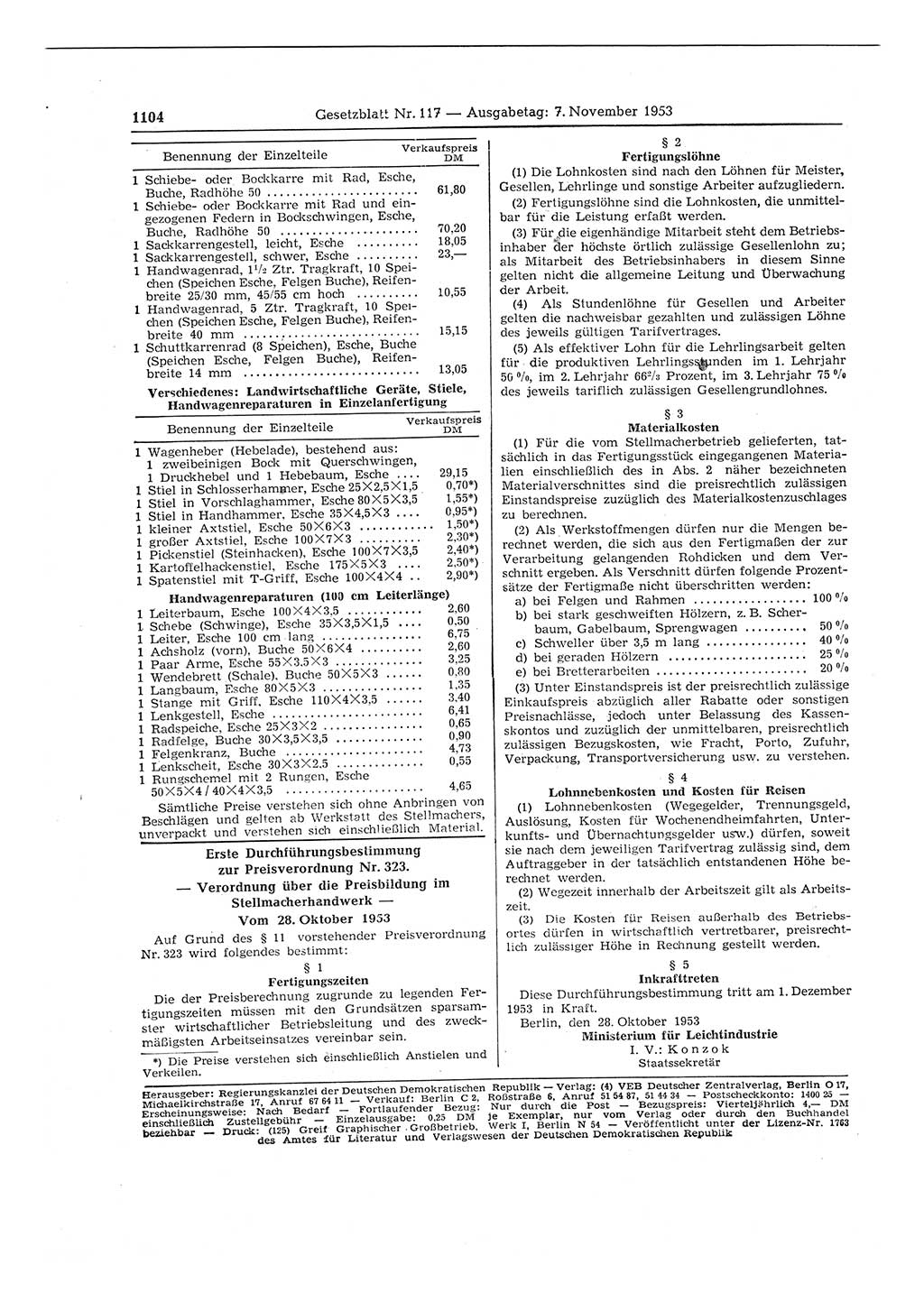 Gesetzblatt (GBl.) der Deutschen Demokratischen Republik (DDR) 1953, Seite 1104 (GBl. DDR 1953, S. 1104)