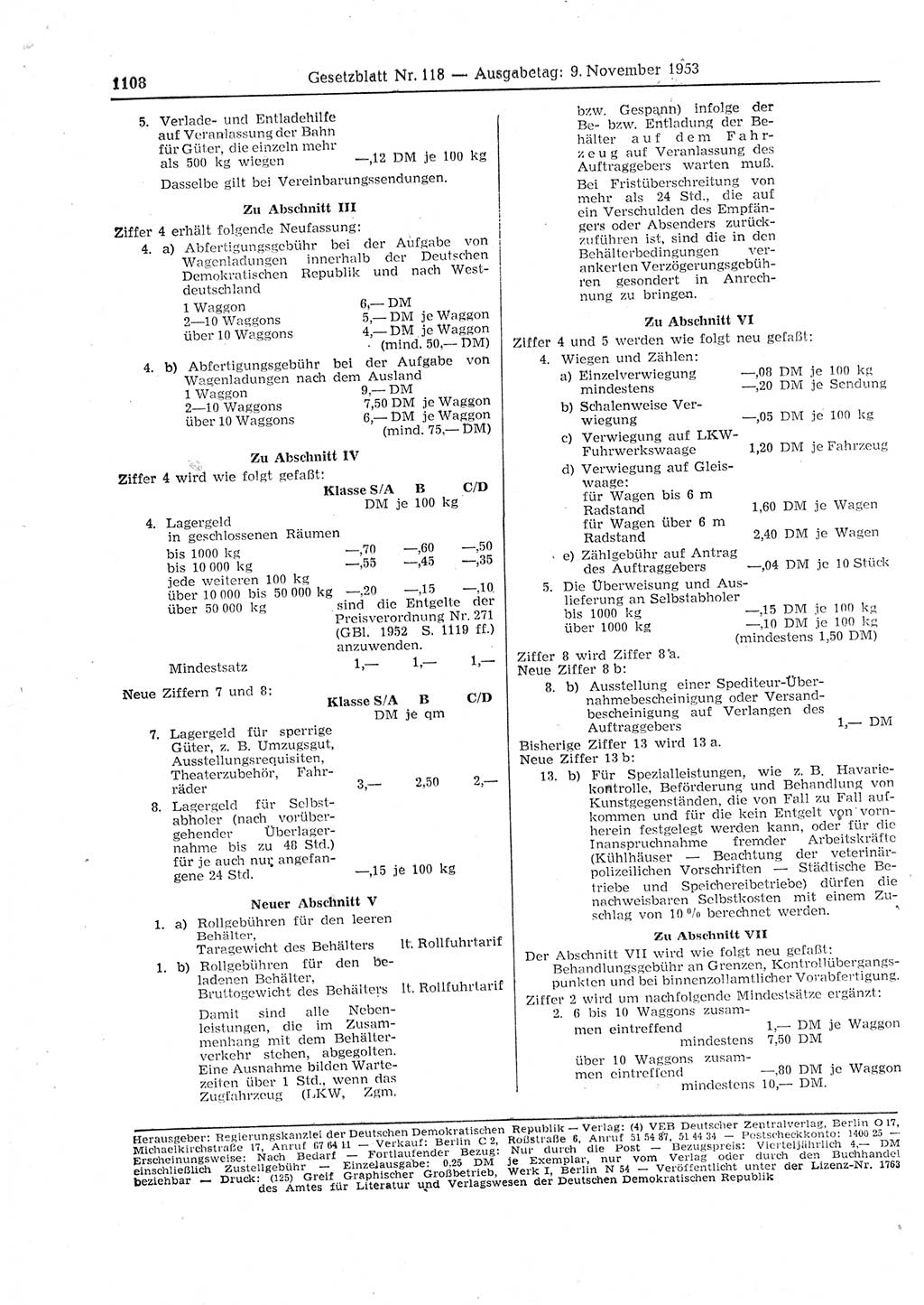Gesetzblatt (GBl.) der Deutschen Demokratischen Republik (DDR) 1953, Seite 1108 (GBl. DDR 1953, S. 1108)