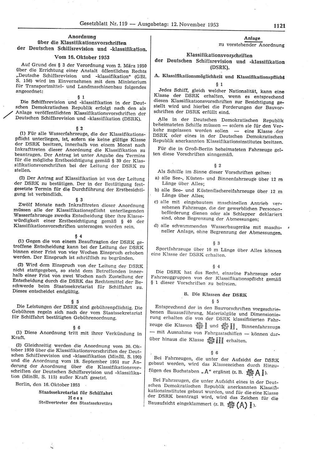 Gesetzblatt (GBl.) der Deutschen Demokratischen Republik (DDR) 1953, Seite 1121 (GBl. DDR 1953, S. 1121)