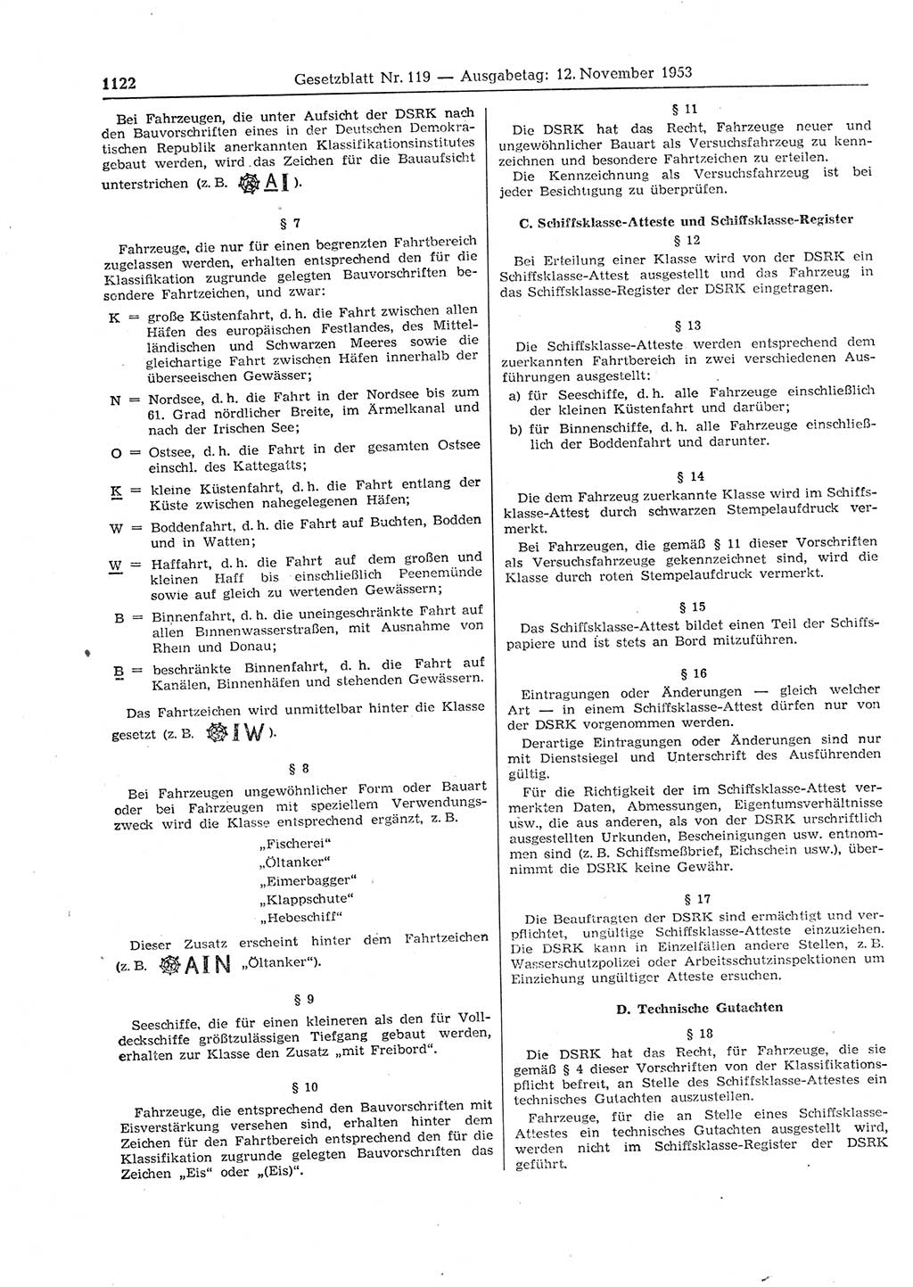 Gesetzblatt (GBl.) der Deutschen Demokratischen Republik (DDR) 1953, Seite 1122 (GBl. DDR 1953, S. 1122)