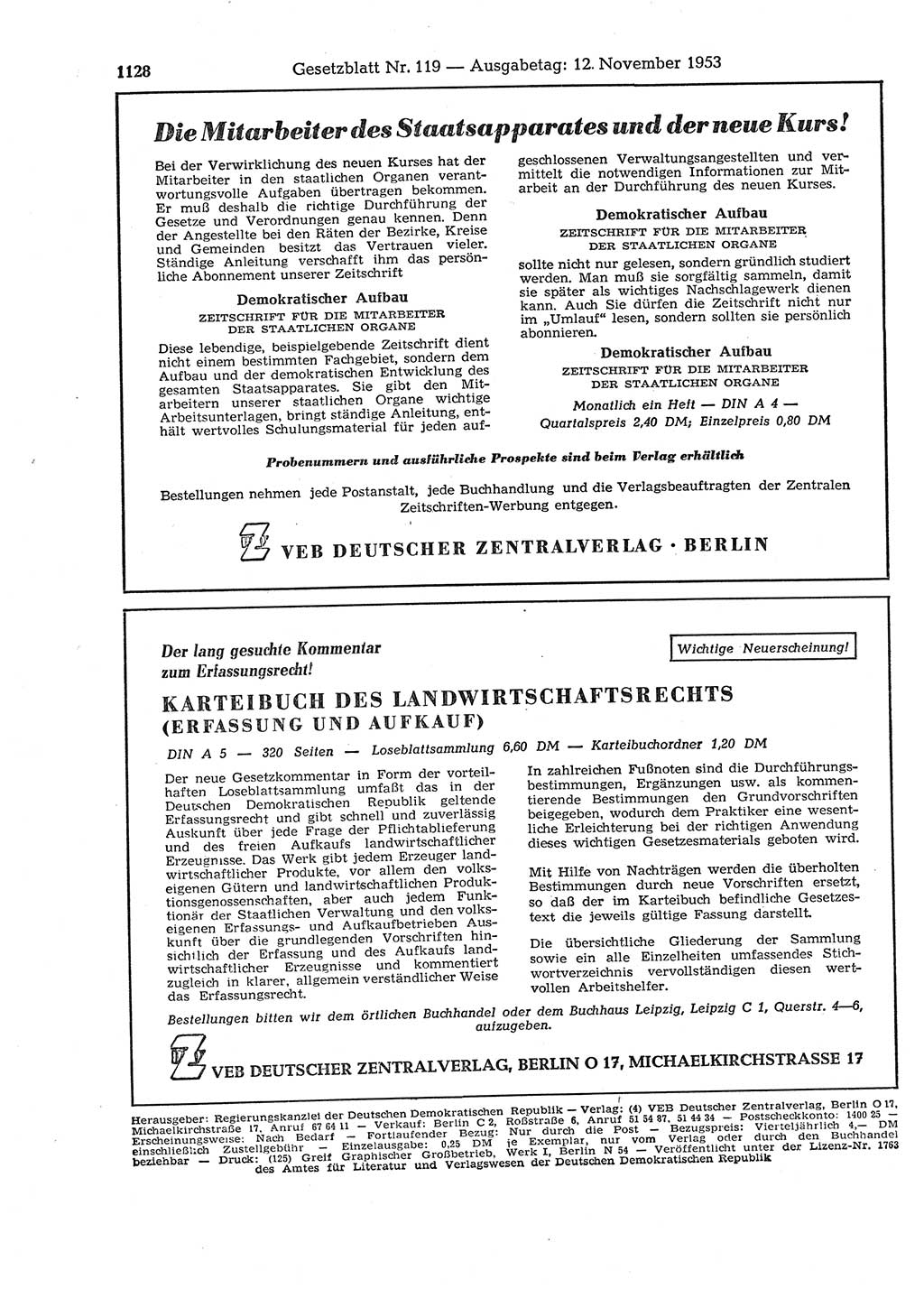 Gesetzblatt (GBl.) der Deutschen Demokratischen Republik (DDR) 1953, Seite 1128 (GBl. DDR 1953, S. 1128)
