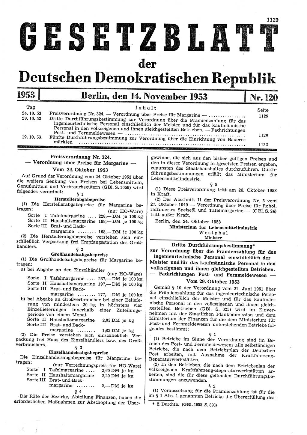Gesetzblatt (GBl.) der Deutschen Demokratischen Republik (DDR) 1953, Seite 1129 (GBl. DDR 1953, S. 1129)