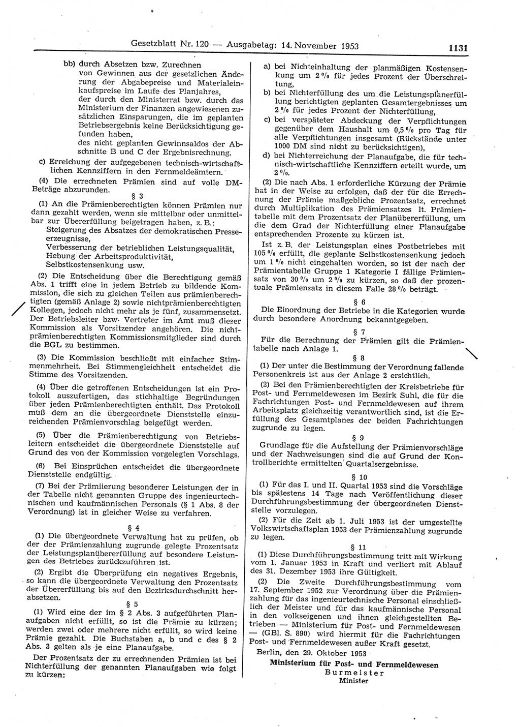 Gesetzblatt (GBl.) der Deutschen Demokratischen Republik (DDR) 1953, Seite 1131 (GBl. DDR 1953, S. 1131)