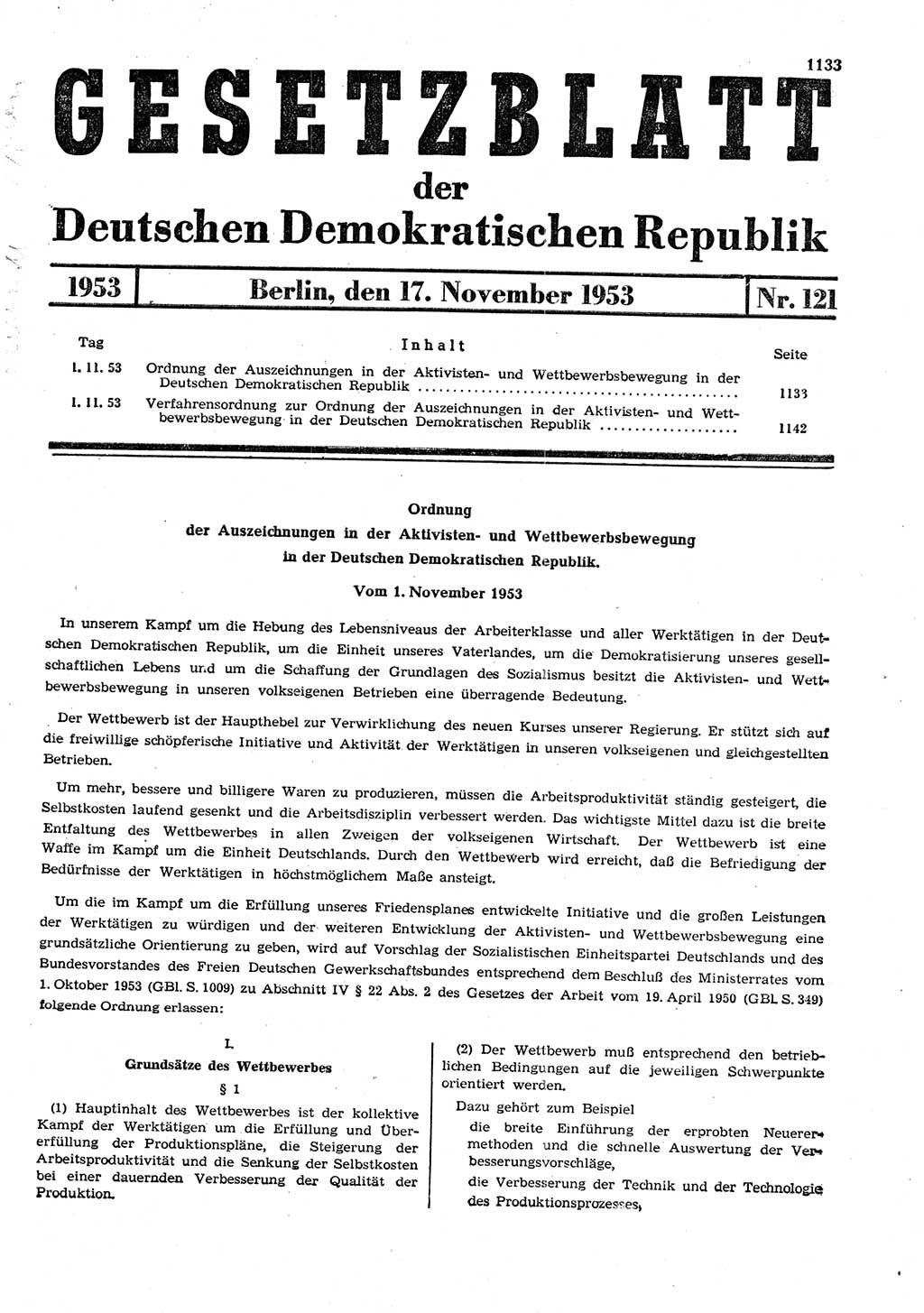 Gesetzblatt (GBl.) der Deutschen Demokratischen Republik (DDR) 1953, Seite 1133 (GBl. DDR 1953, S. 1133)