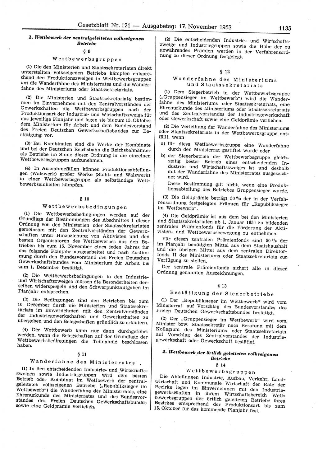 Gesetzblatt (GBl.) der Deutschen Demokratischen Republik (DDR) 1953, Seite 1135 (GBl. DDR 1953, S. 1135)