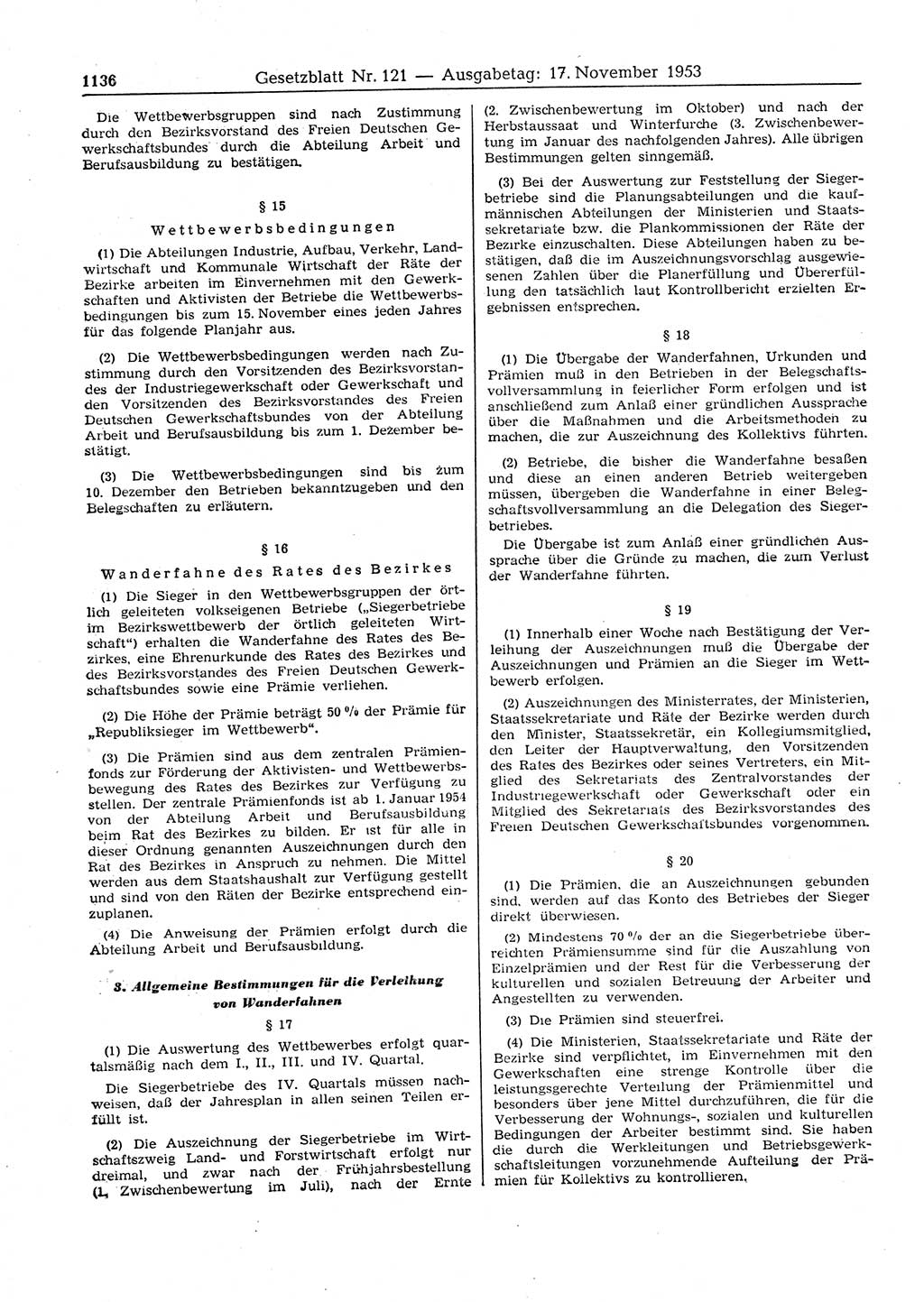 Gesetzblatt (GBl.) der Deutschen Demokratischen Republik (DDR) 1953, Seite 1136 (GBl. DDR 1953, S. 1136)