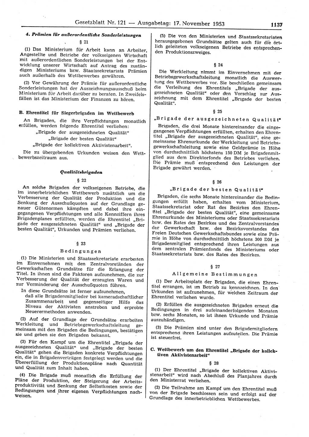 Gesetzblatt (GBl.) der Deutschen Demokratischen Republik (DDR) 1953, Seite 1137 (GBl. DDR 1953, S. 1137)