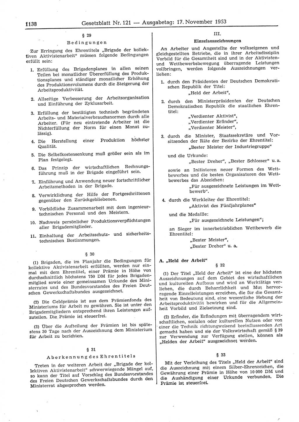 Gesetzblatt (GBl.) der Deutschen Demokratischen Republik (DDR) 1953, Seite 1138 (GBl. DDR 1953, S. 1138)