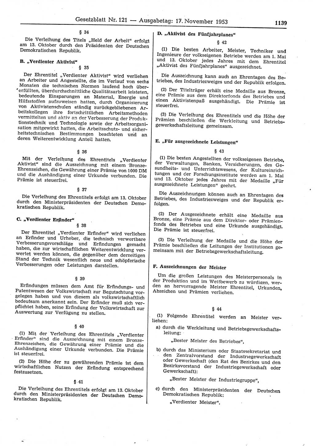 Gesetzblatt (GBl.) der Deutschen Demokratischen Republik (DDR) 1953, Seite 1139 (GBl. DDR 1953, S. 1139)