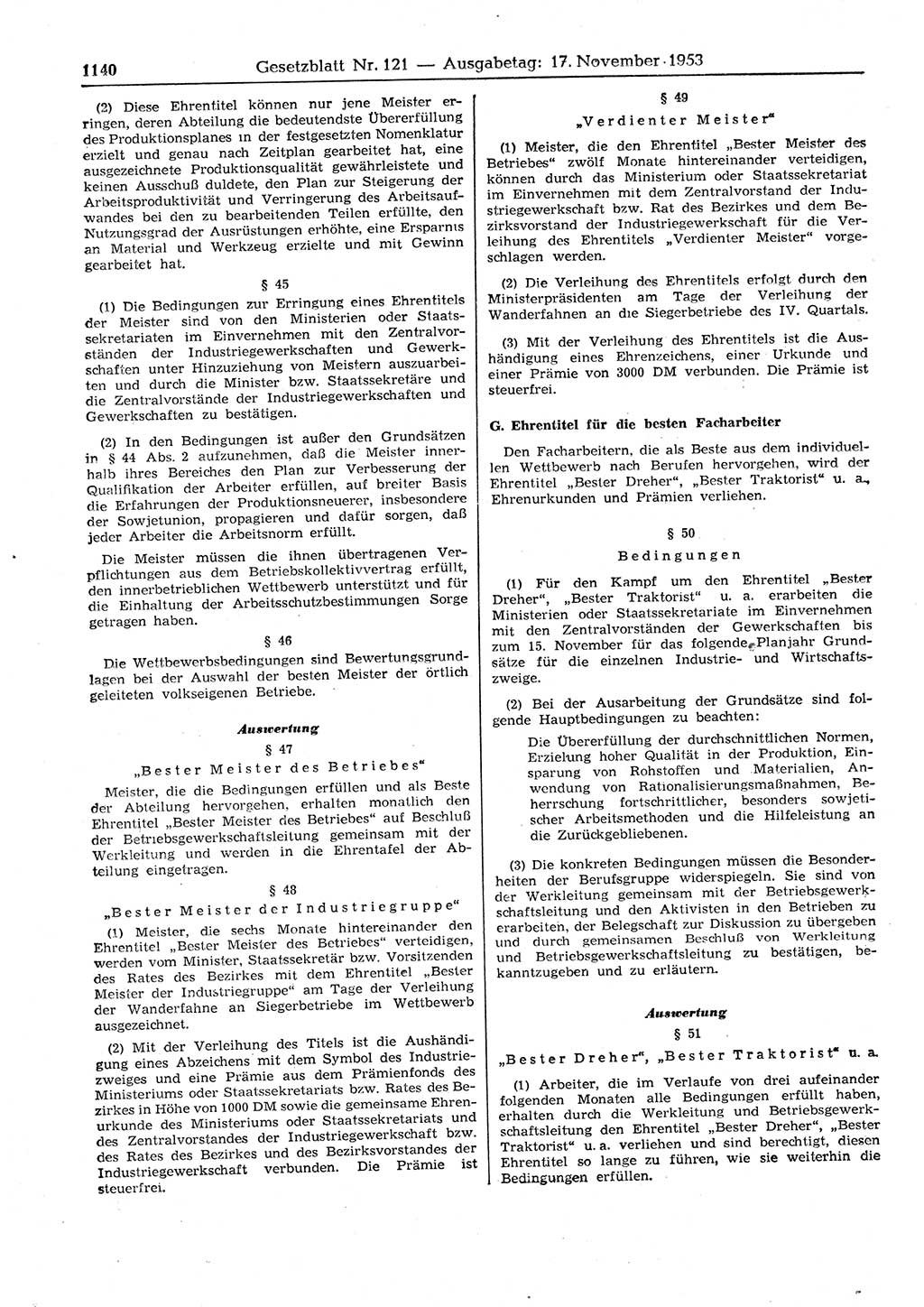 Gesetzblatt (GBl.) der Deutschen Demokratischen Republik (DDR) 1953, Seite 1140 (GBl. DDR 1953, S. 1140)