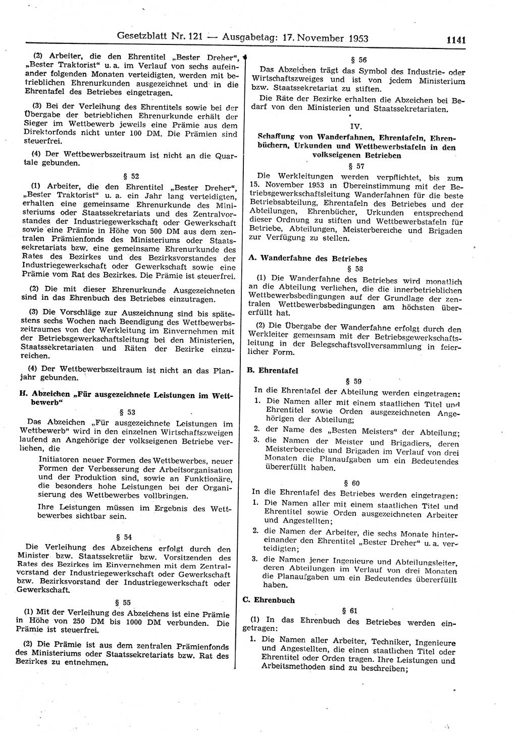 Gesetzblatt (GBl.) der Deutschen Demokratischen Republik (DDR) 1953, Seite 1141 (GBl. DDR 1953, S. 1141)