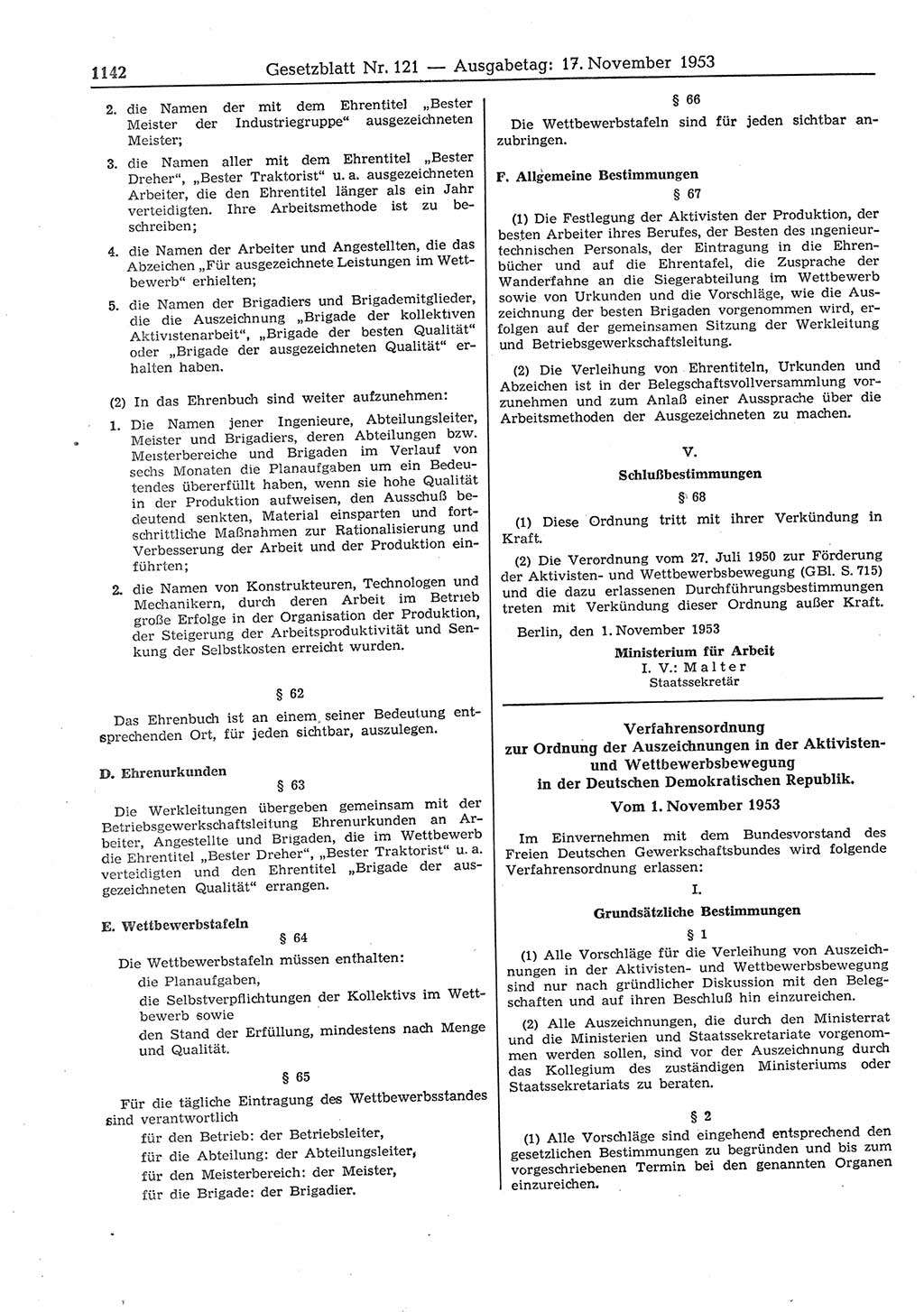Gesetzblatt (GBl.) der Deutschen Demokratischen Republik (DDR) 1953, Seite 1142 (GBl. DDR 1953, S. 1142)