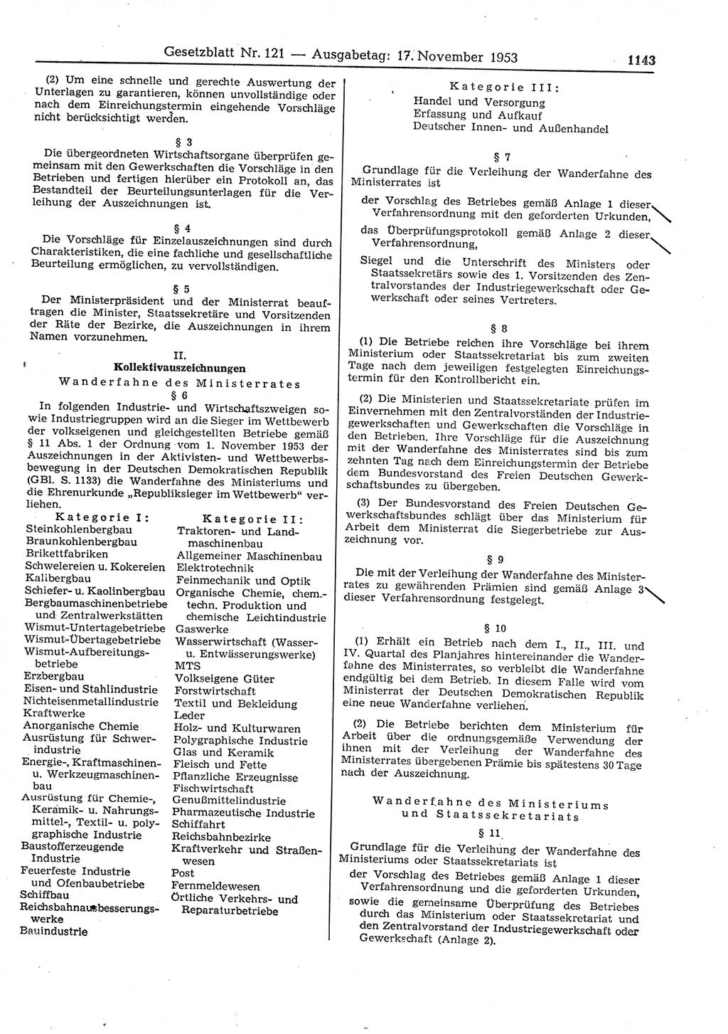 Gesetzblatt (GBl.) der Deutschen Demokratischen Republik (DDR) 1953, Seite 1143 (GBl. DDR 1953, S. 1143)